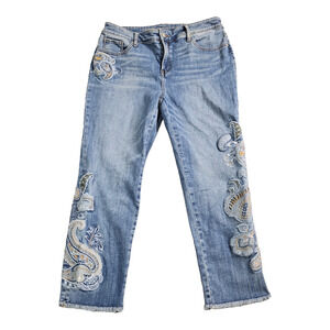 Chico's Jeans Women's 15P Slimming Girlfriend Slim Leg Ankle Floral Embroidered